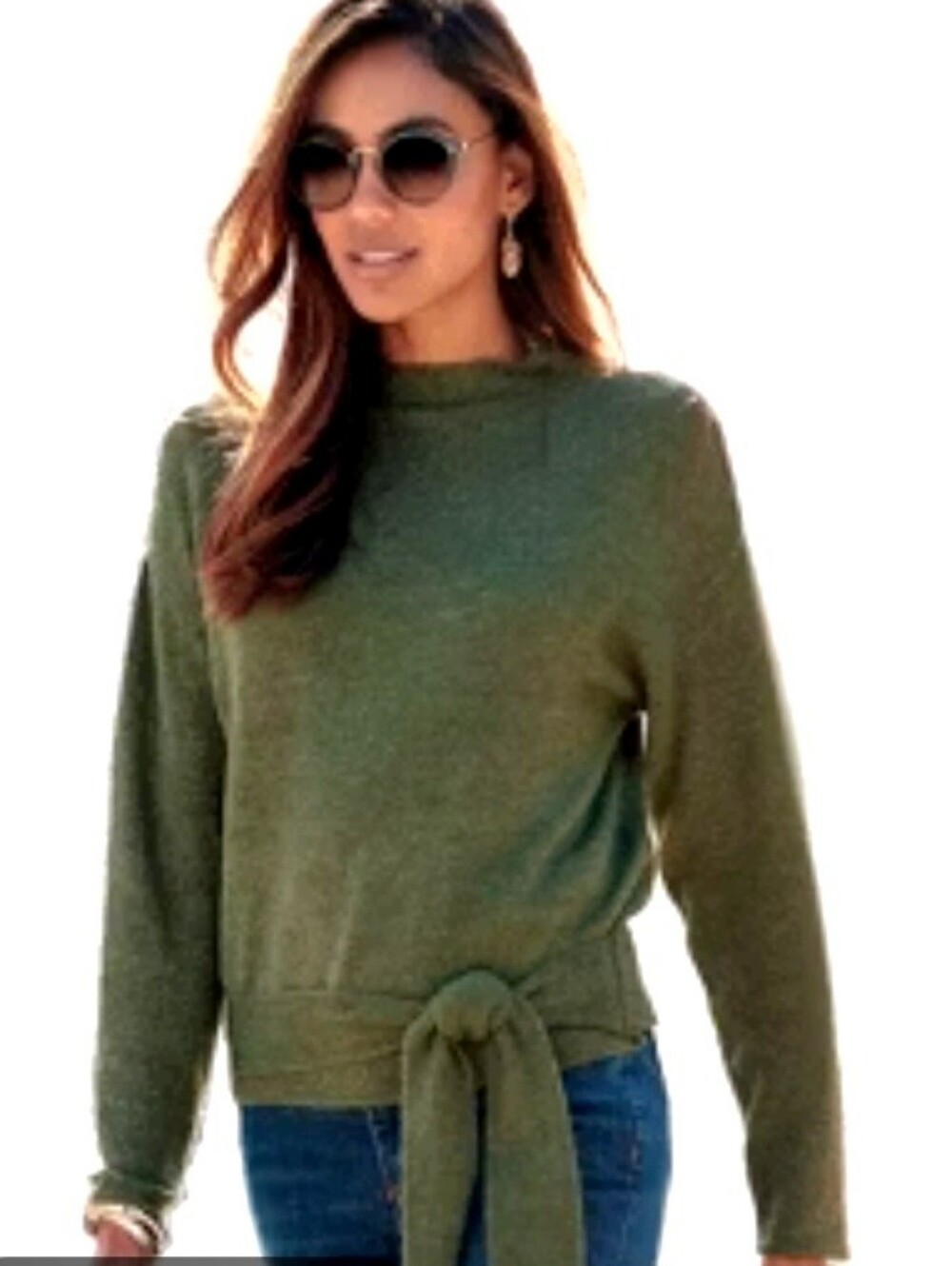 Lascana Olive Green Mock Neck Sweater Ties At Waist